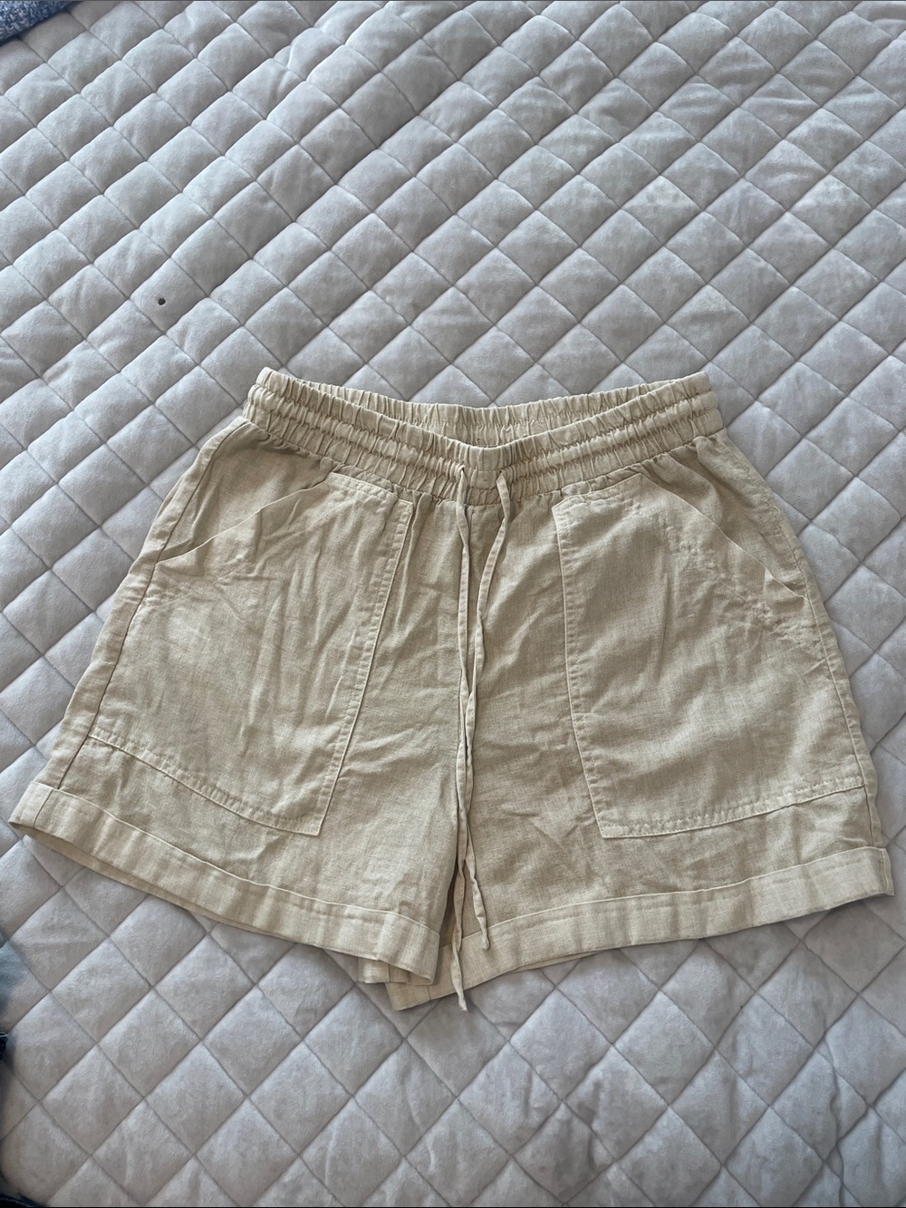Unique Vintage Beige High-Waist Linen-Blend Drawstring Shorts